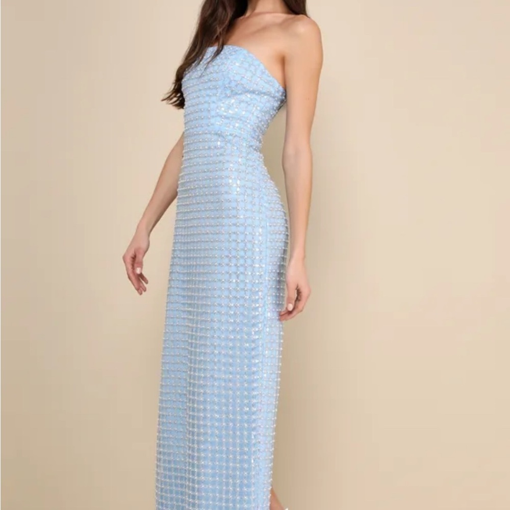 Lulus Perfectly Luxurious Light Blue Pearl Strapless Maxi Dress